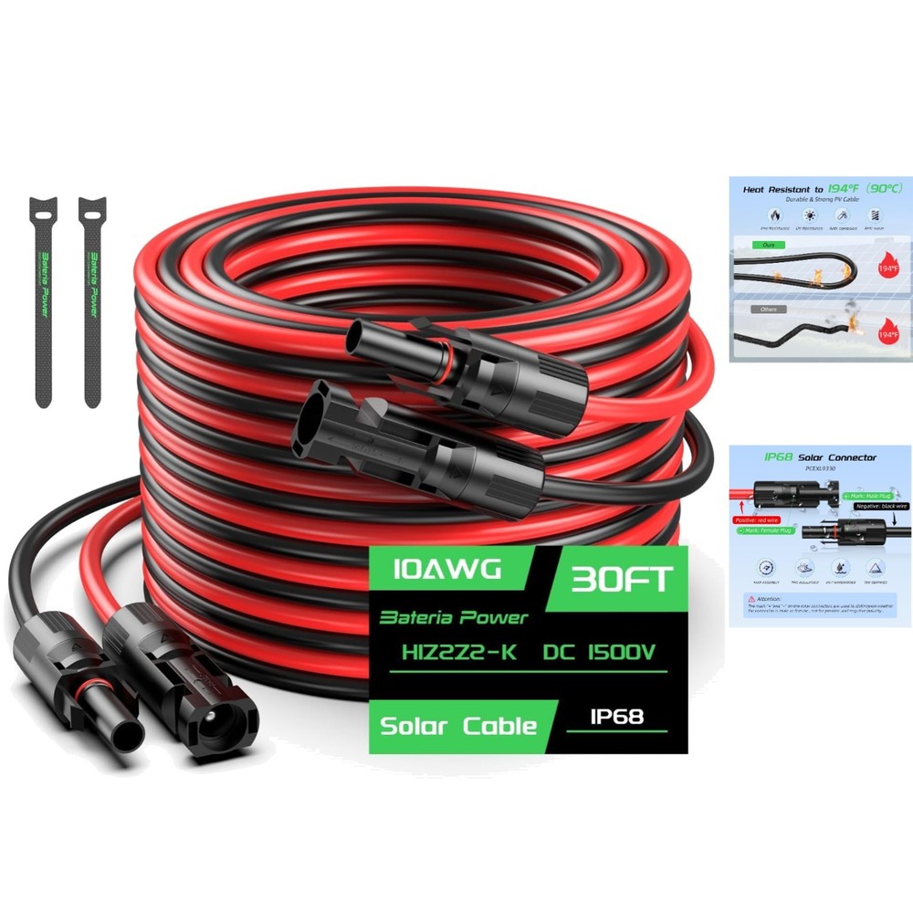 Customizable 30FT 10AWG Solar Cable Set with Locking Connectors & Zip Ties