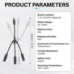 30A 1000V 10AWG Solar Panel Y Branch Parallel Adapter Tool Free 3 to 1 Connector