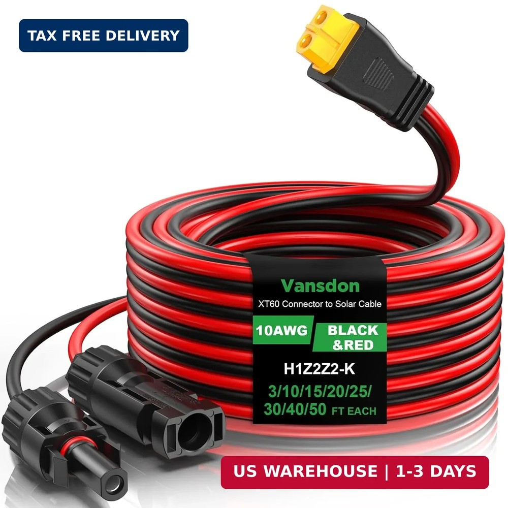 Vansdon Solar to XT60 Cable- 10AWG 30FT XT60 Solar Cable Charging Extension Cabl