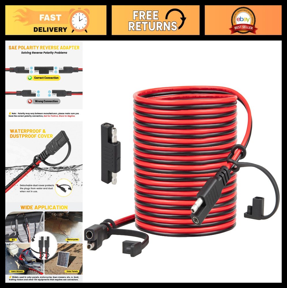 25FT 16AWG SAE Extension Cable, 2 Pin Quick Connector for Solar, Automotive, Tro