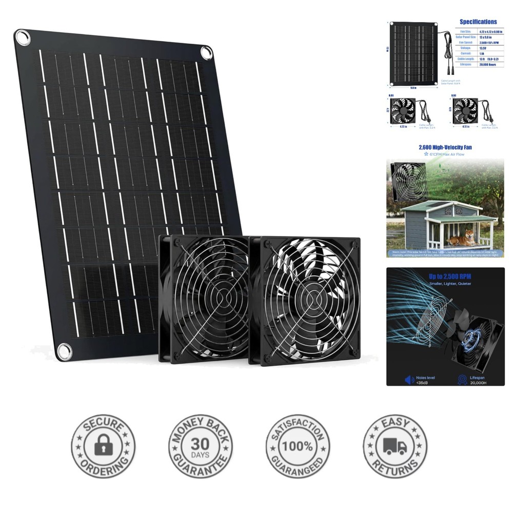 Dual Solar Fan Kit with 15W Panel – Perfect for Greenhouses, Coops & Dog Houses