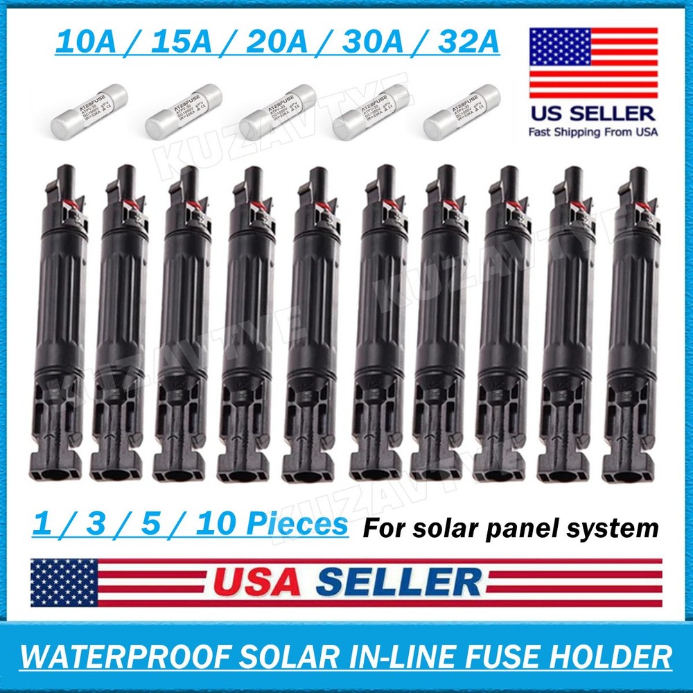 10A 15A 20A 30A 32A in-line Fuse Holder w/Fuses Solar PV Connectors 1/3/5/10 PCS