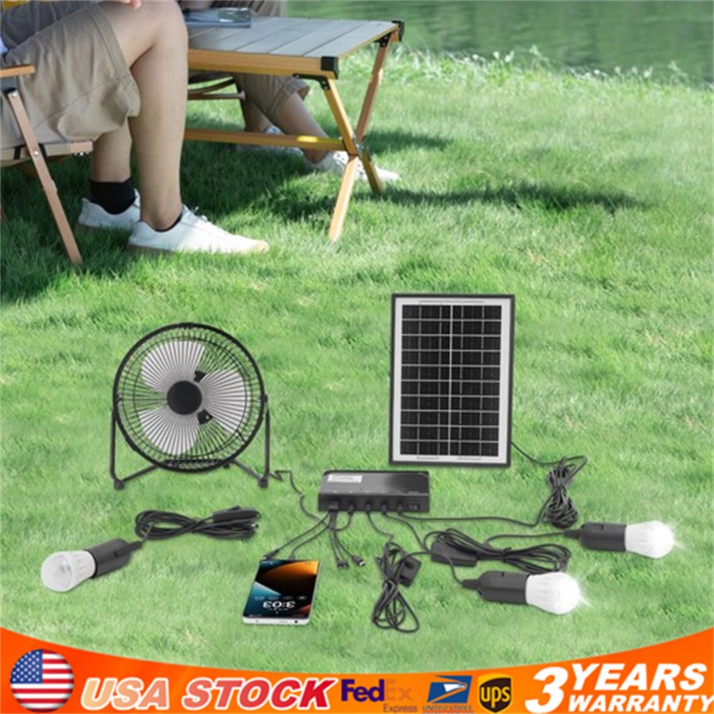 Solar Lighting & Fan Kit with 3 Bulbs USB Charging for Home Outdoor Camping