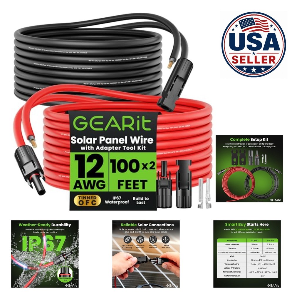MC4 Solar Extension Cable 12 AWG 100 ft Red Black Tinned Copper PV Wire Pair