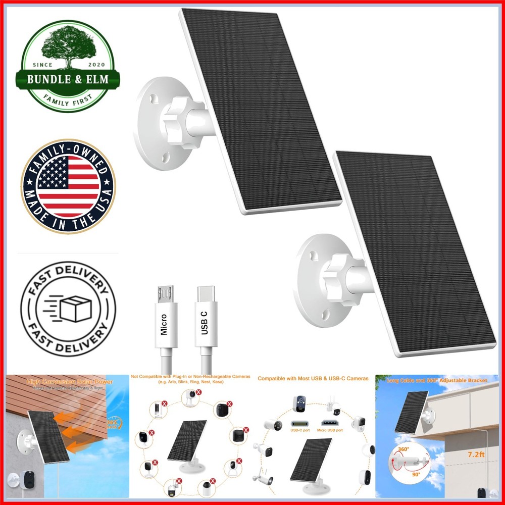 Solar Panel for Security Camera, 2 Pack 2W Solar Charger with Micro USB & USB-C