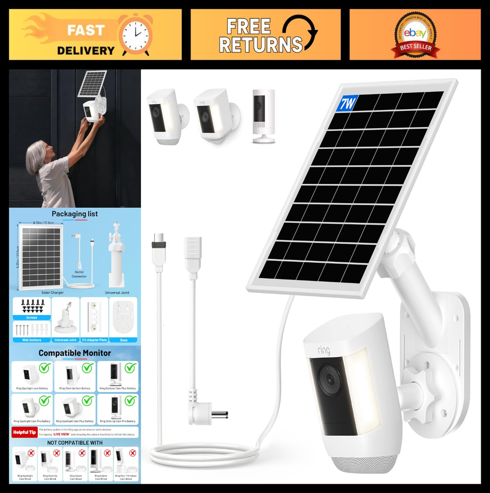 7W Solar Panel & 2-in-1 Wall Mount for Ring Cam – Adjustable, Weatherproof Charg