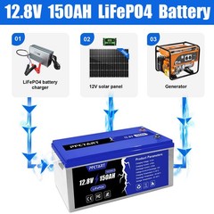 PFCTART 150AH LiFePO4 Lithium Battery Built-in Smart BMS for Solar RV Camping