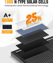 200 Watt Solar Panel 18BB, 25% High Efficiency, N-Type 12V 200W Solar Panel, Mon