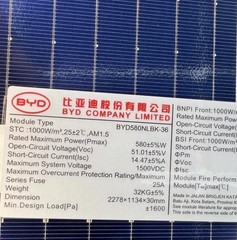 BYD solar panel BYD580NLBK-36 580W Monocrystalline Grid-Tie Solar Panels