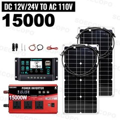 15000W Peak Solar System Kit 2pcs Flexible Panel DC12V/24V AC110V/220V Inverte