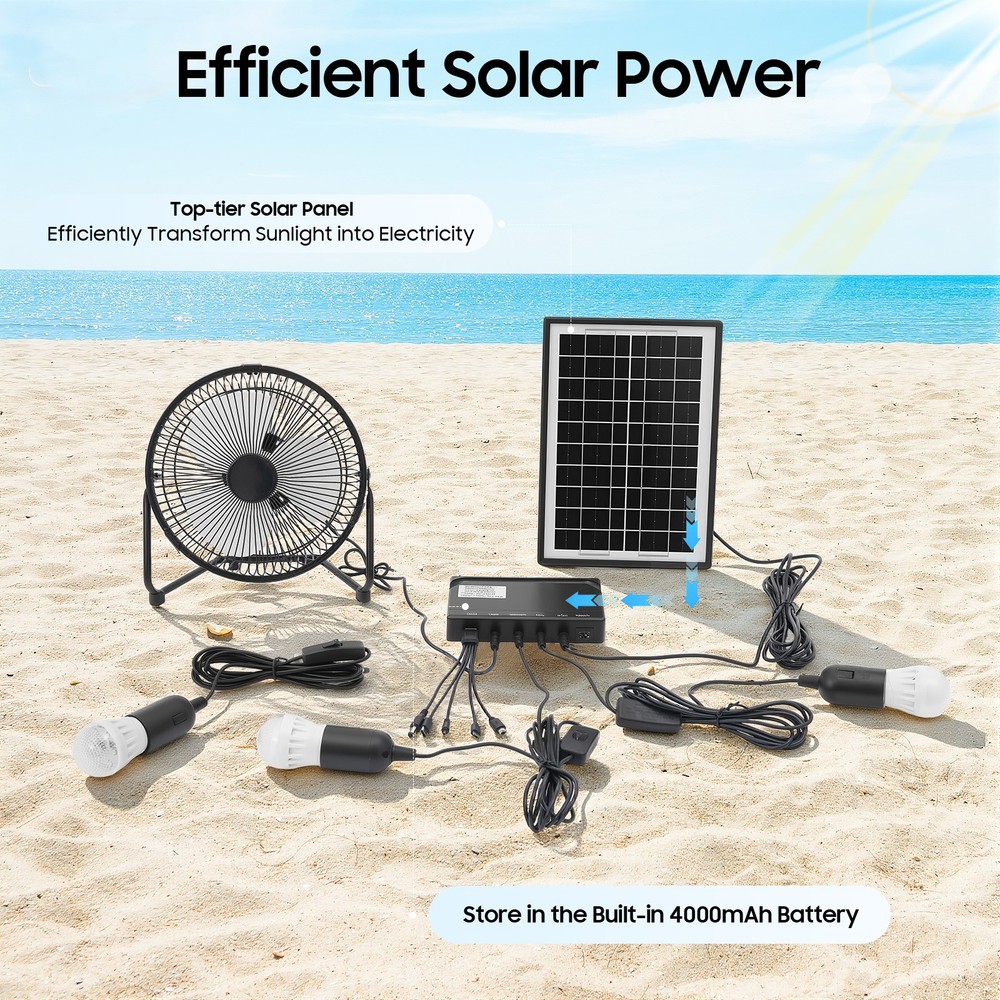 Solar Lighting & Fan Kits with 3 Bulbs USB Charging for Home Outdoor Camping