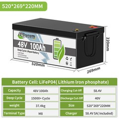48V 100Ah Golf Cart Battery Lithium LiFePO4 Deep Cycle Bluetooth Solar Club Car