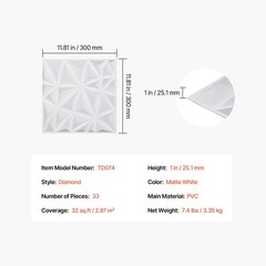 33 Pack 3D Diamond Wall Panels, 11.81 x 11.81 in PVC, 32 Sq Ft, Matte White for