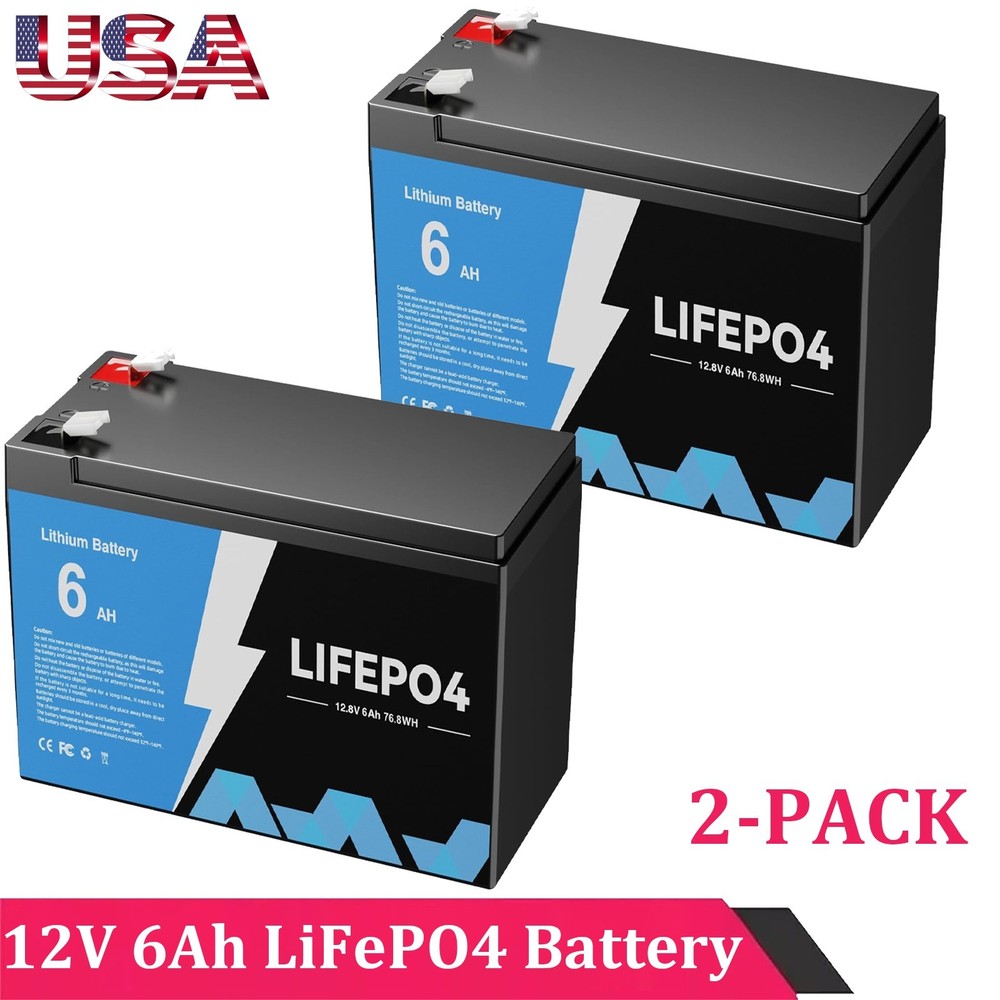 2-PACK 12V 6Ah LiFePO4 Lithium Battery BMS Deep Cycle For RV Solar Energy New