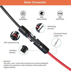 50ft 10AWG Solar Panel Extension Cable Flexible Wire Connectors Black + Red