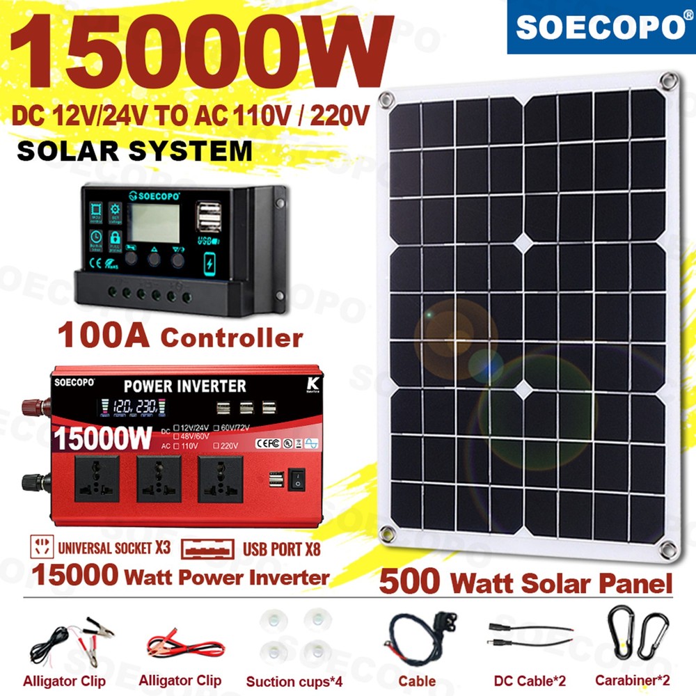 15000W Solar Power Kit with Accessories | 500W Panel + Controller + Inverter