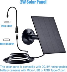 Zivif Solar Panel for Security Camera, 2W Solar Charger with Micro USB & USB-C P