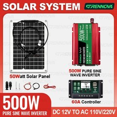 Grennova 500W Power Solar System Pure Sine 12V To 110V/220V Inverter 50W Panel