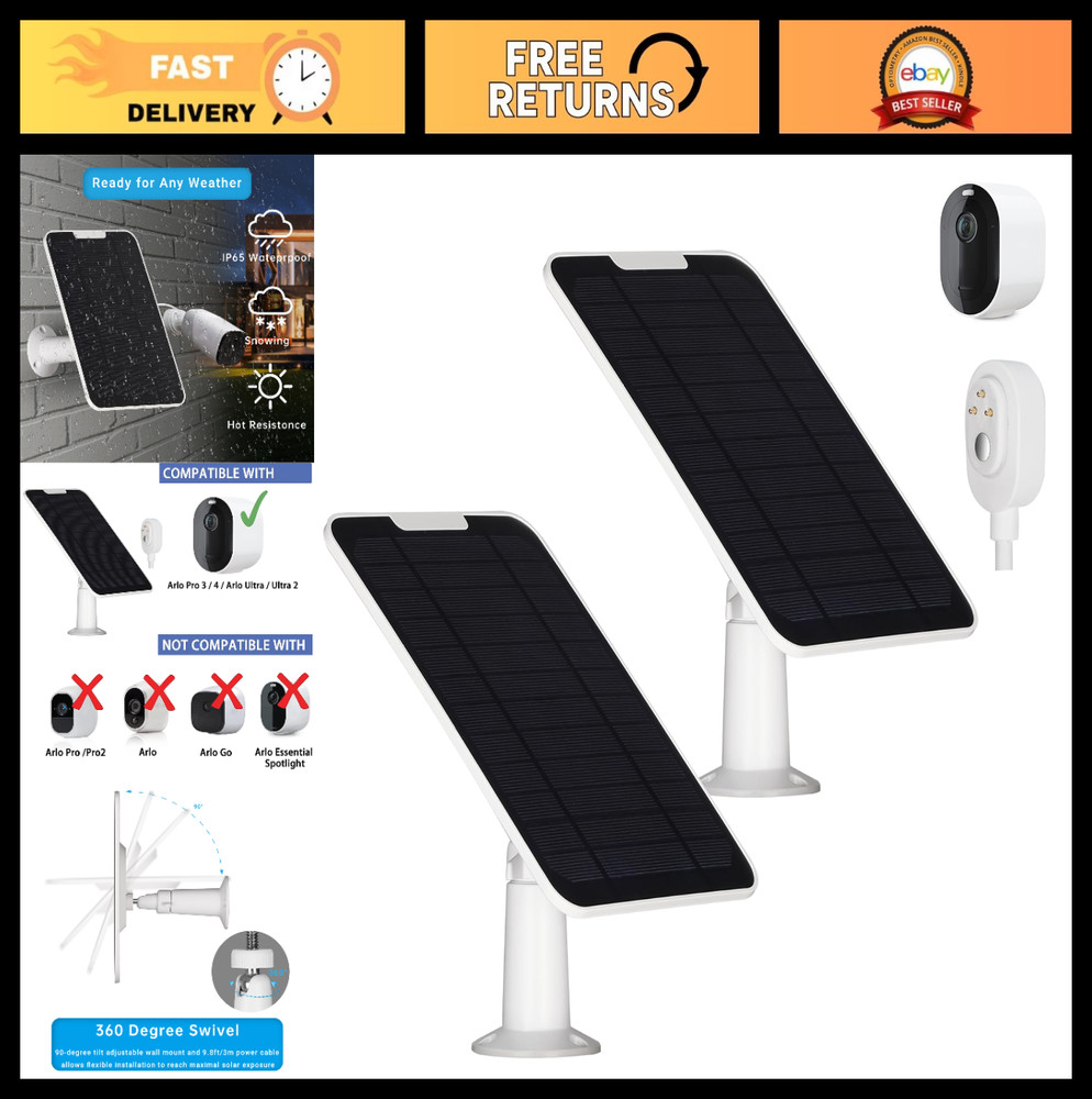 Weatherproof Solar Panel Charger for Arlo Pro 3/4/5S/Ultra/Go 2 – 9.8ft Cable &