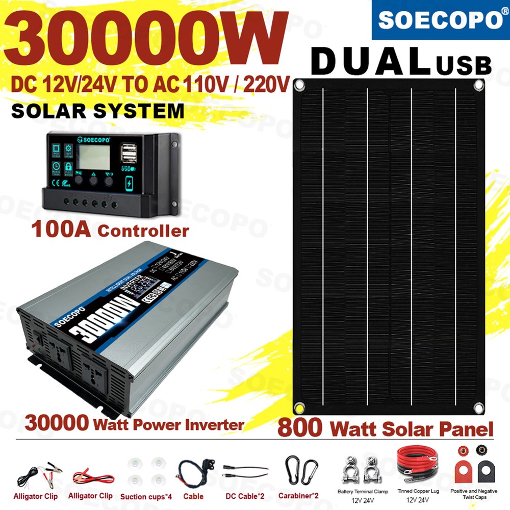 SOECOPO 30000W Complete Solar Power Kit | 800W Panel + Controller + Inverter