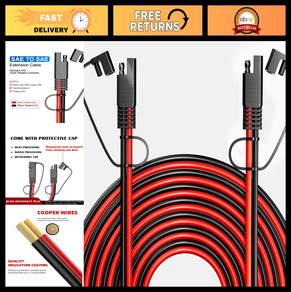 12AWG SAE Extension Cable 20FT, DC Power Cord for Solar Panels, Cars, RVs, Boats