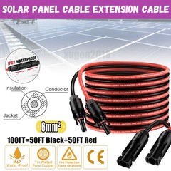 100FT 10 AWG Solar Panel Extension Cable PV Wire Solar Connectors Pair 6mm² US