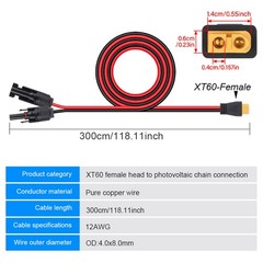 10ft Solar to XT60 Charge Extension Cable with Solar Connectors Caps Heavy-Duty