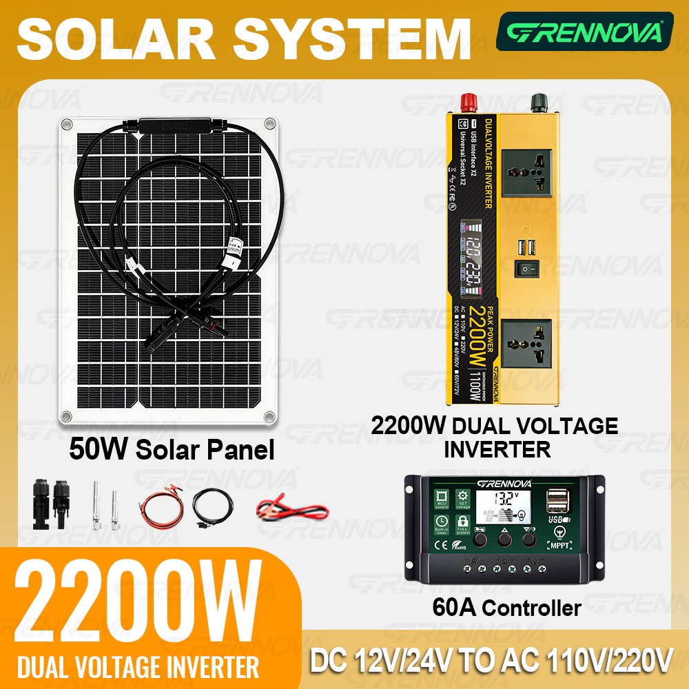 Grennova 2200W Solar System 50W Panel 12/24V To 110/220V Inverter 60A Controller