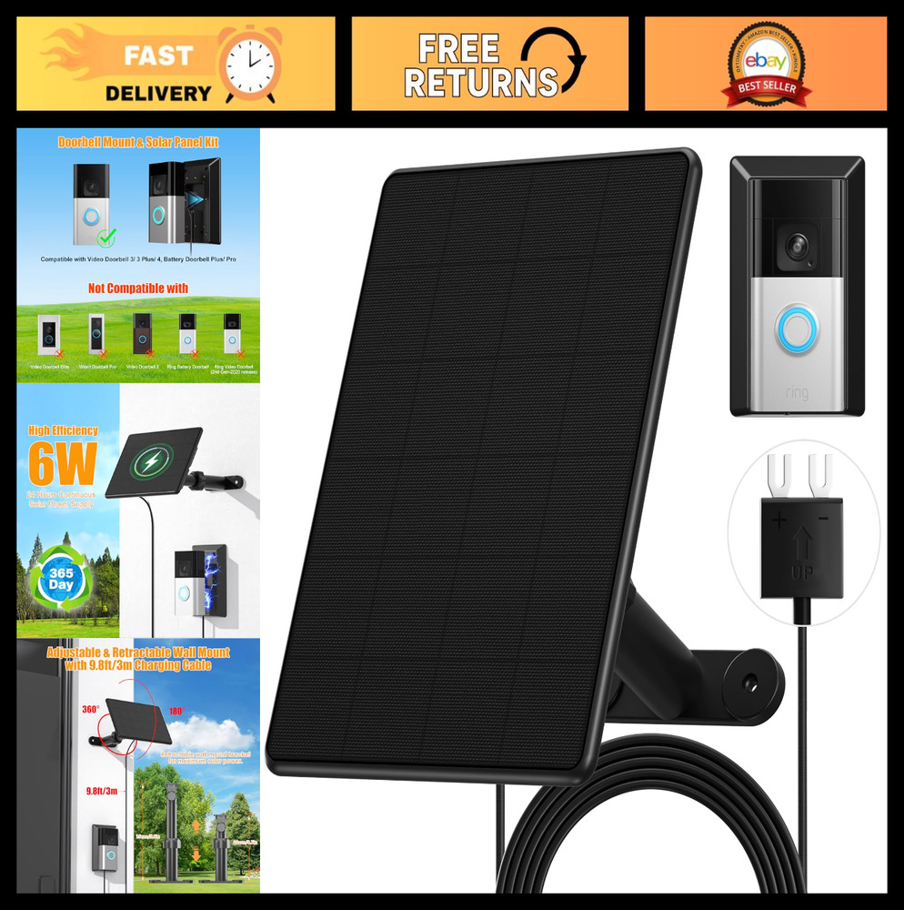 Solar Charger for Video Doorbell 3/4, Waterproof 6W Panel, Adjustable Mount, 10f