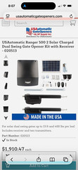 USAutomatic Ranger 500 Solar Charged Dual Swing Gate Opener Kit 12V DC 020513