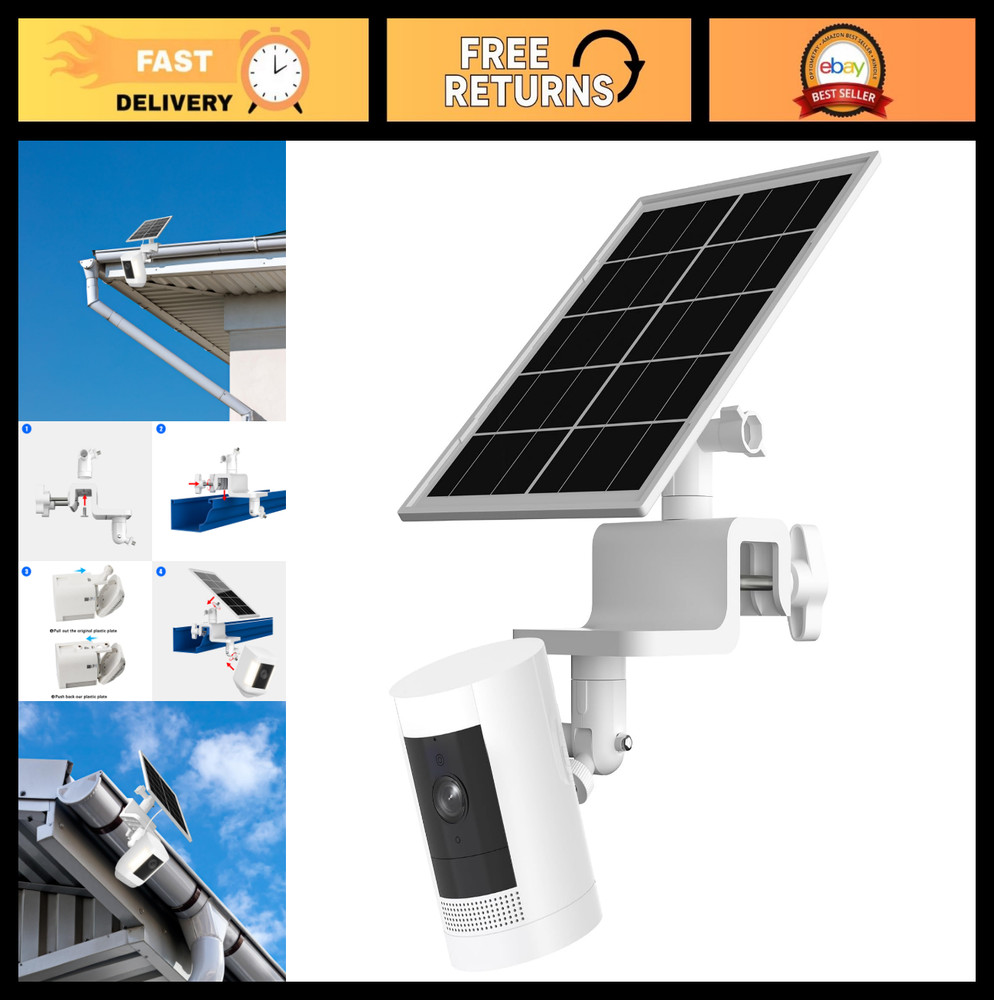 7W Solar Panel for Ring Cameras & Outdoor Cams, Gutter Mount, Waterproof Cable,
