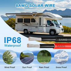 Solar Panel Wire 8 AWG – Solar Extension Cable 100Ft Black & 100Ft Red 8 Gauge T