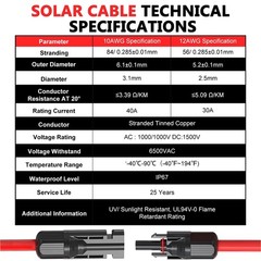 50FT Solar Panel Extension Cable 12AWG with Waterproof Connectors for RV & PV Sy