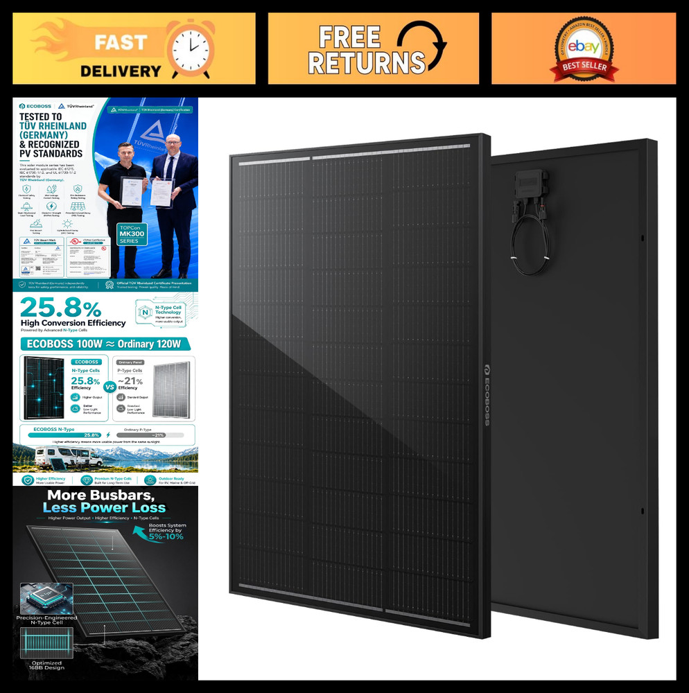 100W Solar Panel Monocrystalline 25.8% Efficiency for Off-Grid Systems, Campers,