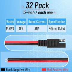 32 Pack 12 Inch SAE Connector Cable 14AWG 2 Pin Single Plug Quick Disconnect