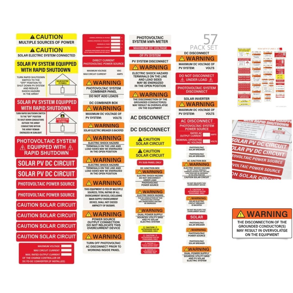 57-Piece Photovoltaic Solar Label Kit – NEC Compliant & Weatherproof Safety Set