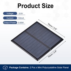 2Pcs 5.5V 0.55W 100mA Mini Polycrystalline Solar Panel 2.8×2.8″/70x70mm