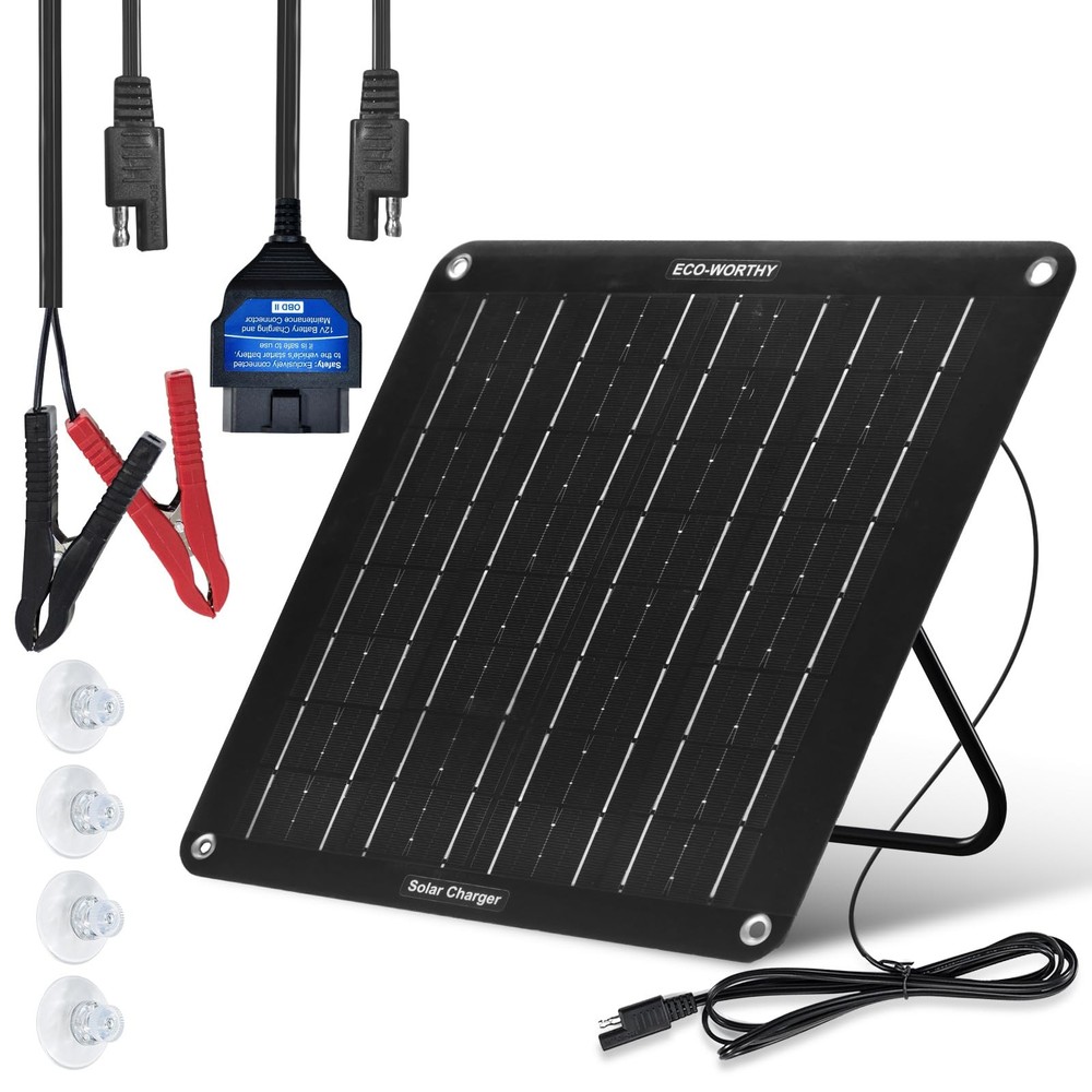 Solar Trickle Charger Maintainer OBDII 10W 12V Waterproof Kit Portable Stand for