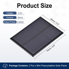 2Pcs 5.5V 0.495W 90mA Mini Polycrystalline Solar Panel 2.8×2.2″/70x55mm