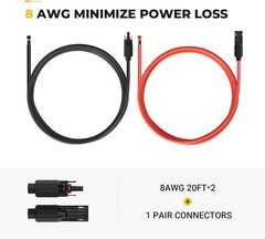 Durable 20FT 8AWG Solar Panel Extension Cable with Copper Connectors Included