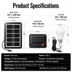 Grennova Portable Solar Light Kit USB Charger 2PCS Switch LED Bulbs