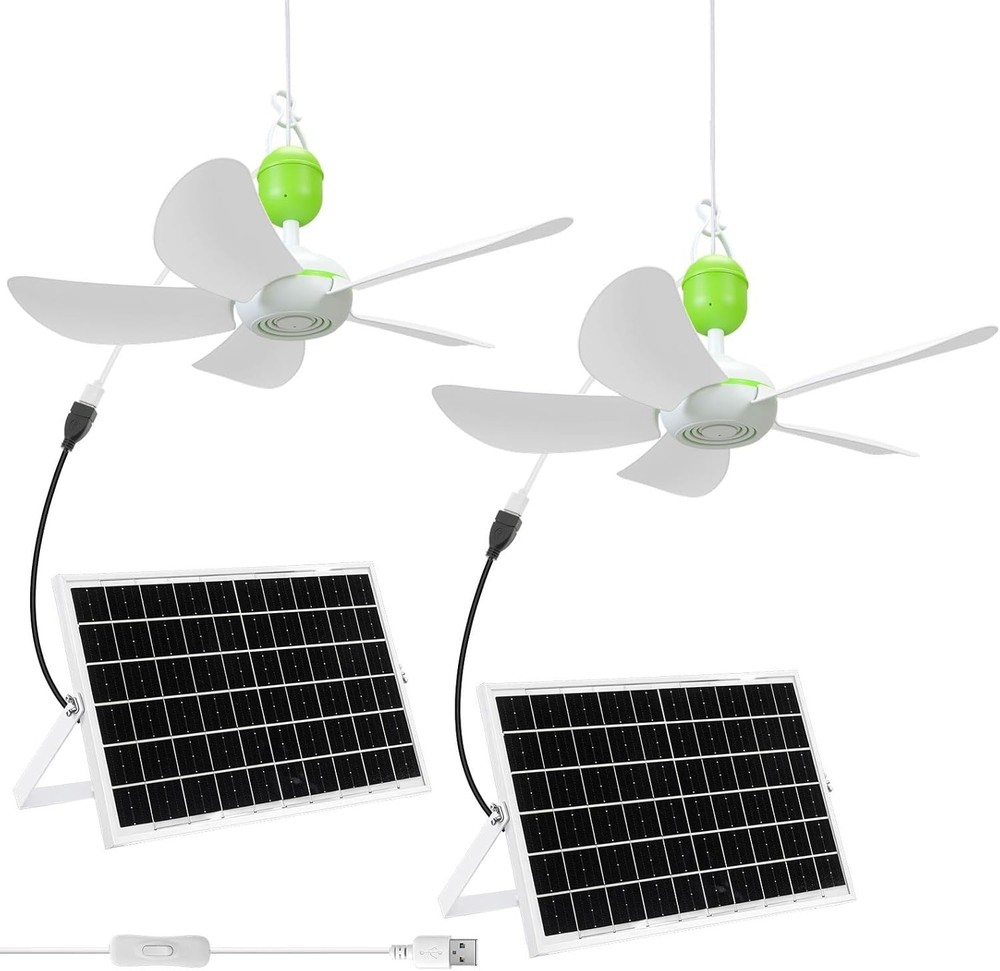 2 Set Solar Ceiling Fan Kit W/ 15w Panel USB Hanging Fan 15.74” Dual Power