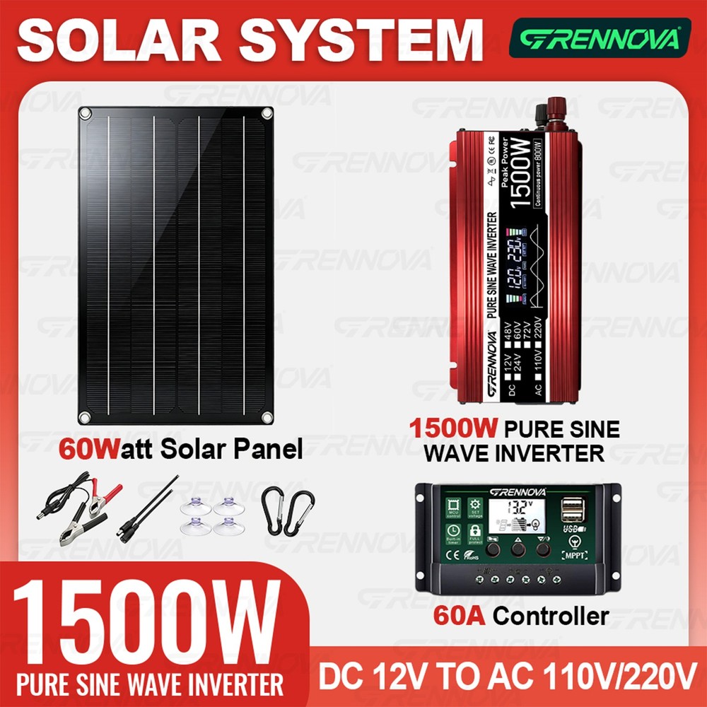 Grennova 1500W Off-Grid Solar System 60W Panel 60A MPPT Pure Sine Inverter