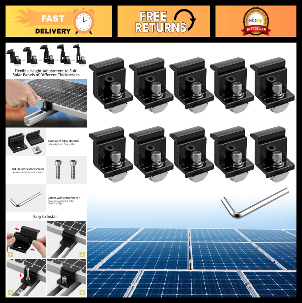10pcs Adjustable Solar Panel Mounting Brackets Kit, Aluminum End Clamps & Screws