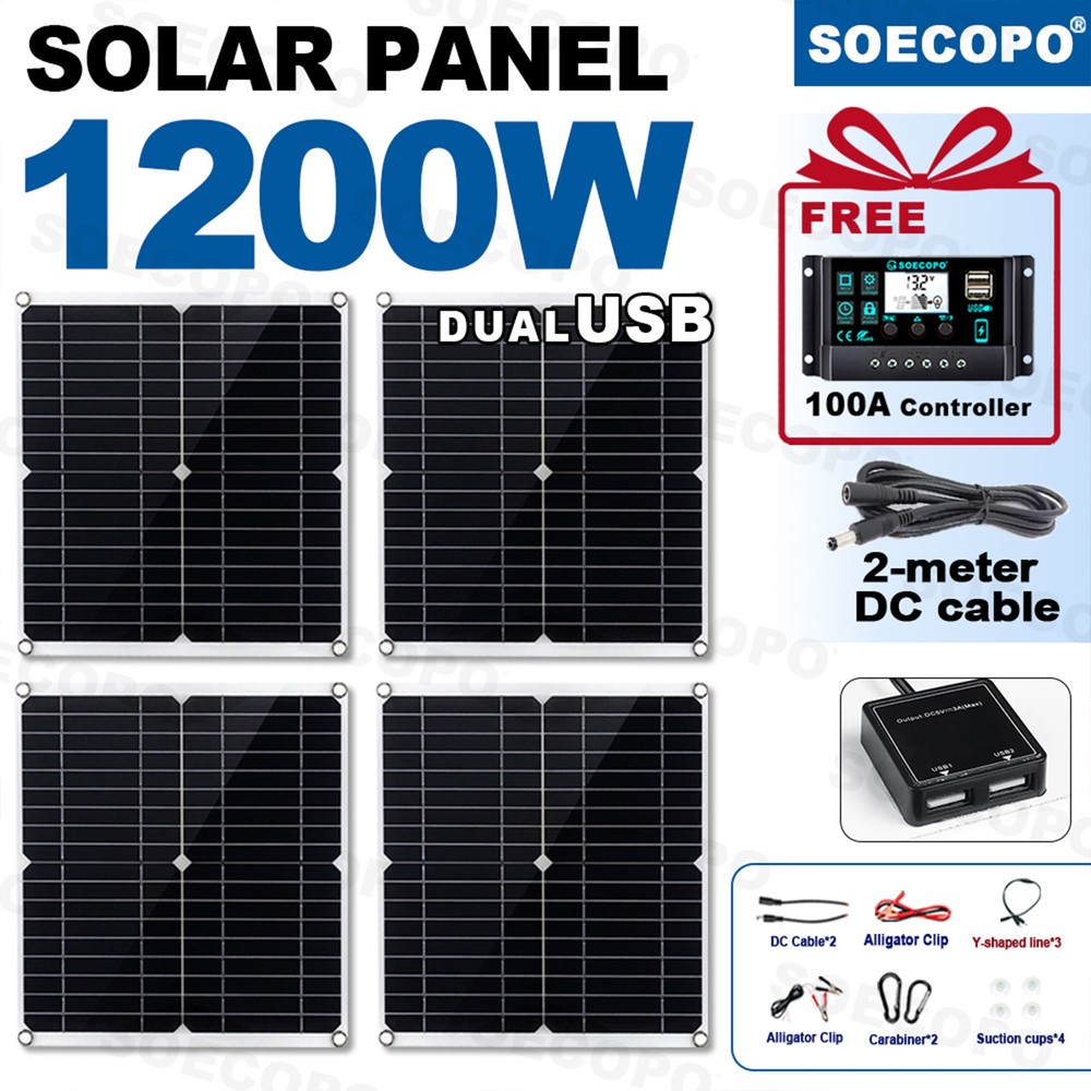 1200W Solar Panel Combo – 4 x 300W + 100A Controller + Y-Cable + Suction Cups