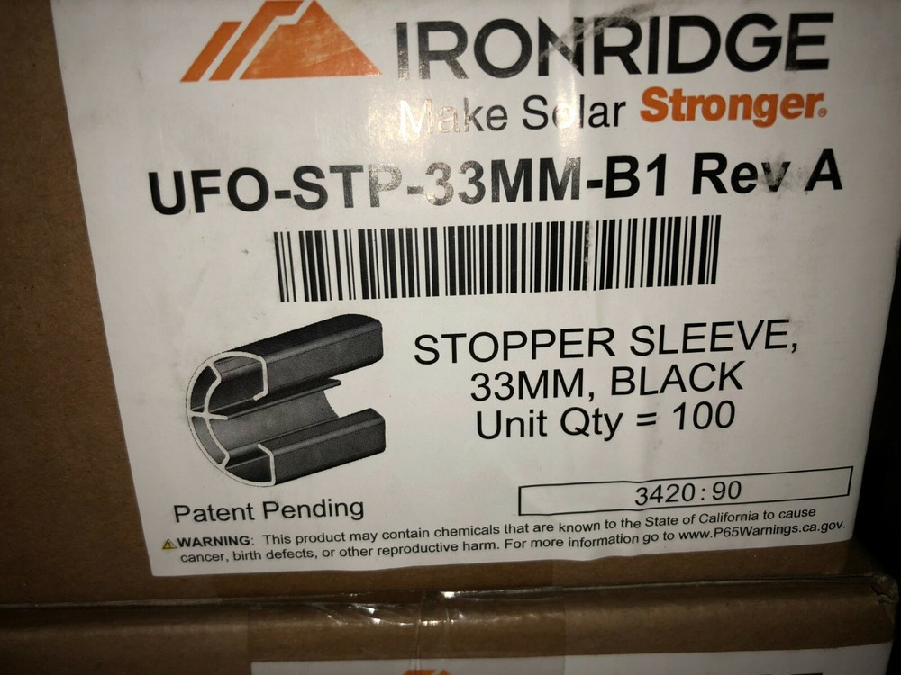 Lot of 100 IronRidge 33 MM Stopper Sleeves UFO-STP-33MM-B1 REV A
