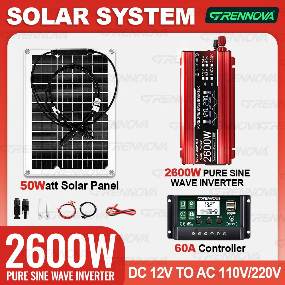 Grennova 2600W Solar System 50W Panel 12V To 110/220V Inverter 60A Controller