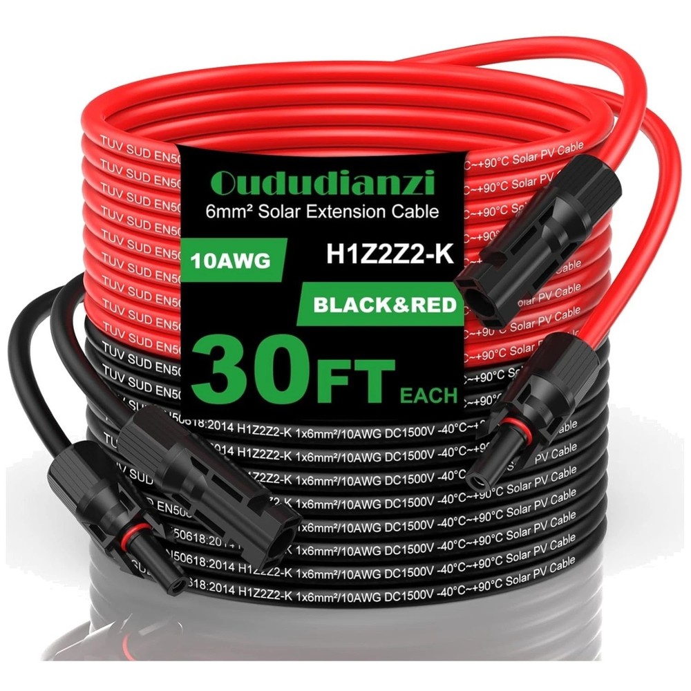 30ft Solar Extension Cable 10AWG – Waterproof Connectors