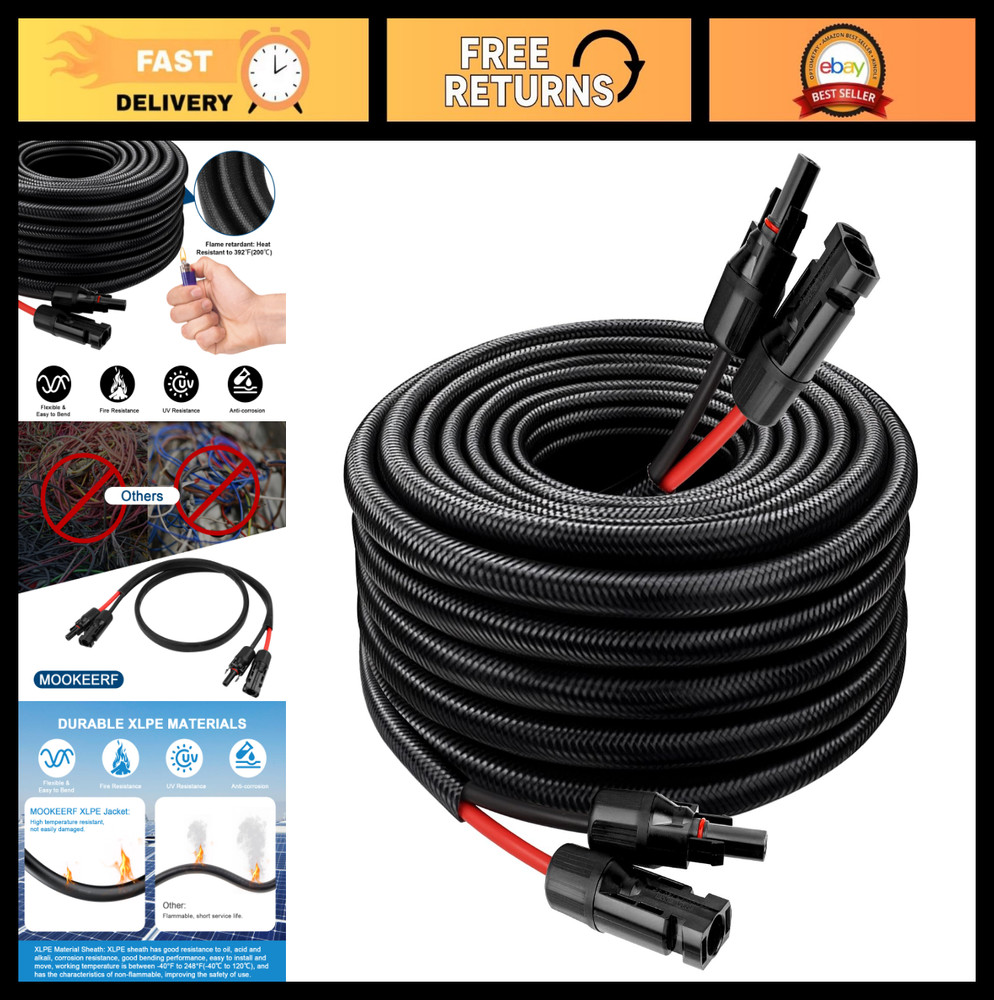 20FT 10AWG Solar Panel Extension Cable – Waterproof Connectors, PV Wire for RV,