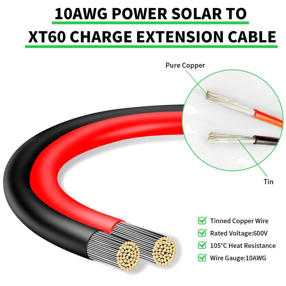 Solar Panel XT60 Connector Cable 20FT 10AWG